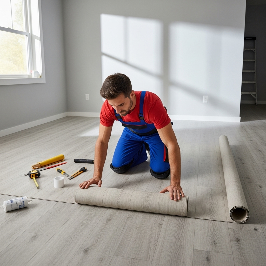Un ouvrier installe du lino au sol dans une chambre.